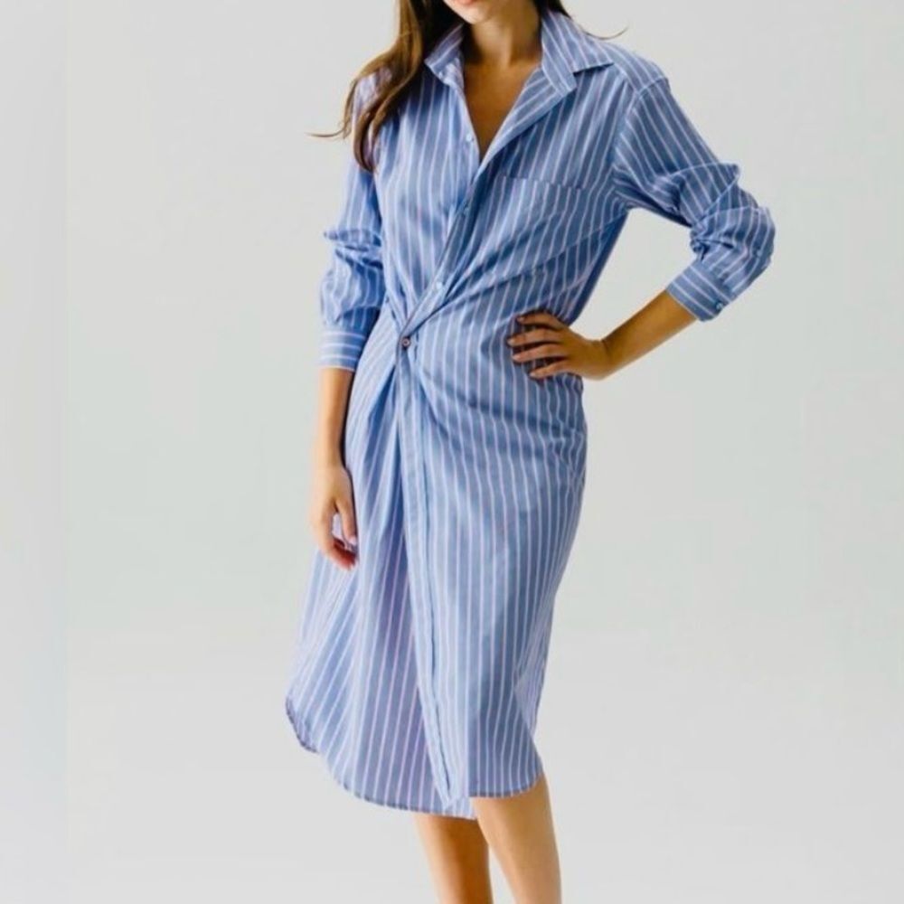 WEAR CISCO Midi Shirt Dress Button Down White Blue Stripe Size M / L